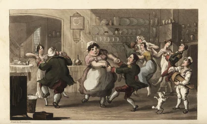 Johnny danser til en hemmelig fest med andre tjenere i køkkenet. Kok, kusk, stuepige og kappemand nyder mesterens mad og vin. Håndfarvet kobberstik af Thomas Rowlandson fra William Combes The History of Johnny Quae Genus, the Li