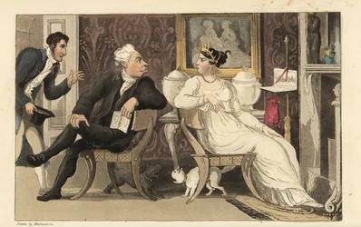 Johnny afbryder et skænderi mellem gæster til en fest i en regency-salon. Håndfarvet kobberstik af Thomas Rowlandson fra William Combes The History of Johnny Quae Genus, the Little Foundling of the late Doctor Syntax.