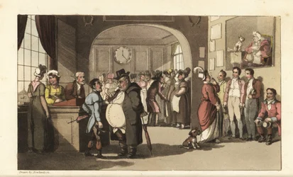 Johnny søger arbejde på et registreringskontor for hushjælp. Mænd og kvinder med monokler undersøger portører, stuepiger og andet personale. Håndfarvet kobberstik af Thomas Rowlandson fra William Combes The History of Johnny Quae Genus, the Lit