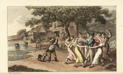 Johnny spiller på sin fløjte til en fåreklipperfestival omgivet af dansende countrypiger. Hyrder klipper får i en lade og vasker dem i en dam. Håndfarvet kobberstik af Thomas Rowlandson fra William Combes The History of Johnny Quae Gen