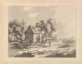 Landskab med figurer, der opbevarer hø i en lade, en vogn og hest liggende til venstre, 1783-84.