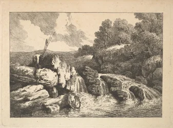 Landskab med to fiskere, der klatrer på klipper ved siden af et vandfald, 1784-88.