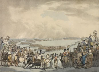 Light Horse Volunteers of London and Westminster, kommanderet af oberst Herries, anmeldt af Hans Majestæt på Wimbledon Common, 5. juli 1798 (farvet akvatint)