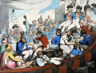Napoleonskrigene, den egyptiske kampagne (ekspedition) (1798-1801): Admiral Horatio Nelson (1758-1805) fejrer sammen med sine tropper sin glorværdige sejr i Slaget ved Nilen (Slaget ved Aboukir) (august 1798) om bord på sin båd.