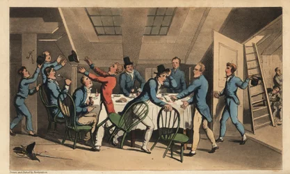 Officerer og midtskibsmænd fejrer nyheden om, at kaptajnen har forladt skibet. Håndfarvet kobberstik af W. Læst efter en illustration af Thomas Rowlandson fra Alfred Burtons The Adventures of Johnny Newcombe in the Navy, Simpkin, London