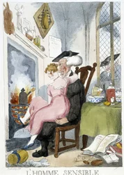 Gammel mand (esiastisk) famler efter en ung kvinde, der sidder på knæ - karikatur af Rowlandson