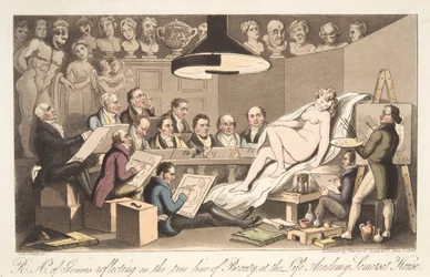 R---A---A---ys of Genius reflekterer over den sande linje af skønhed på Life Academy, Somerset House, fra The English Spy, udgivet af The English Spy. 1824 (håndkoloreret gravering)