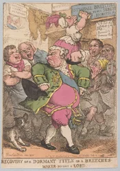 Gendannelse af en slumrende titel eller en ridebukser bliver en herre, pub. 1805 (håndfarvet gravering)
