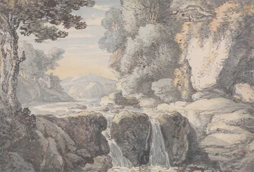 Flodlandskab med et vandfald
