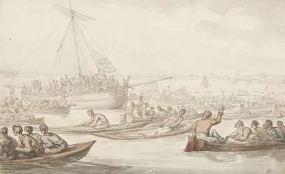 Det årlige scullingløb for Doggetts frakke og badge, ca. 1805-10 (blyant, pen, blæk og akvarel på papir)
