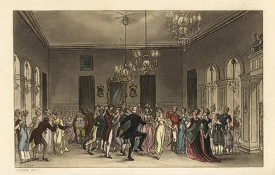 The Ball Room: fashionable turister, der danser i Scarborough Assembly Rooms. Hver herre, der danser, betaler 2s, og hver dame, der drikker te, betaler 1s. Håndfarvet kobberstik af Thomas Rowlandson efter en skitse af J. Green fra Poetical Sketches