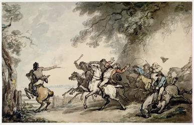 Jagten på en landevejsrøver, ca. 1790 (pen, blæk, blæk, vat og blyant på papir)