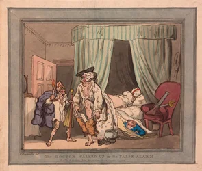 Lægen ringede op eller den falske alarm, pub. 1786 (håndfarvet gravering)