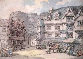 The South Gate, Exeter (pen, akvarel og blyant på papir)