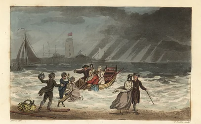 Vandfesten: turister opgiver en sørejse på grund af dårligt vejr. Håndfarvet kobberstik af Thomas Rowlandson, akvatint af J.C. Stadler, efter en skitse af J. Green fra Poetical Sketches of Scarborough, Ackermann, London