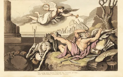 Skelettet af Død og Fader Tid breder sig under Evighedens engel. Håndfarvet kobberplade tegnet og graveret af Thomas Rowlandson fra The English Dance of Death, Ackermann, London