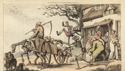 Skelettet af Døden og den gamle. Tiden kommer til at tage Goody Bartons gamle mand, men vognen er allerede for fuld af lig. Håndfarvet kobberplade tegnet og graveret af Thomas Rowlandson fra The English Dance of Death, Ackermann, London