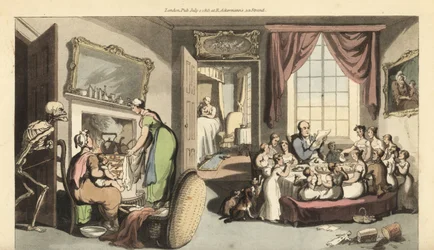 Dødens skelet dukker op i stuen i en stor familie for at tage et barn eller nyfødt baby. Håndfarvet kobberplade tegnet og graveret af Thomas Rowlandson fra The English Dance of Death, Ackermann, London