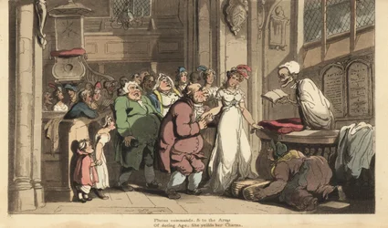 Dødens skelet som præst, der fejrer brylluppet mellem en ung kvinde og en grim gammel mand. Håndfarvet kobberplade tegnet og graveret af Thomas Rowlandson fra The English Dance of Death, Ackermann, London