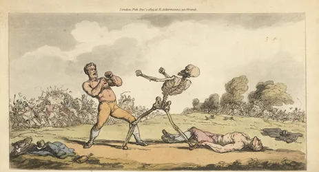 Skelettet af Døden bokser med en bareknuckle-præmiekæmper, mens en anden bokser ligger på jorden, og mængden flygter i rædsel. Håndfarvet kobberplade tegnet og graveret af Thomas Rowlandson fra The English Dance of Death, Ackermann, London