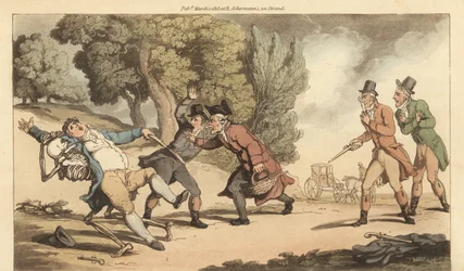 Dødens skelet bortfører en såret mand, før lægen kan vente på ham efter en fatal duel med pistoler i en park. Håndfarvet kobberplade tegnet og graveret af Thomas Rowlandson fra The English Dance of Death, Ackermann, London
