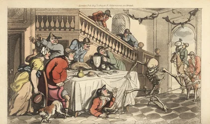 Dødens skelet kommer efter en jæger, da han gemmer sig under et bord efter en rævejagt. Håndfarvet kobberplade tegnet og graveret af Thomas Rowlandson fra The English Dance of Death, Ackermann, London