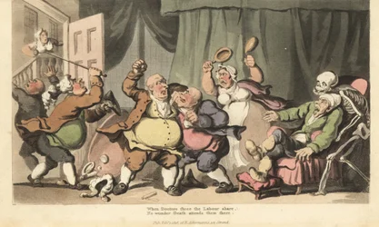 Dødens skelet kommer efter en syg mand, mens tre kvaksalvere slås, og en tjenestepige angriber dem med sengetøj i Kammerkrigen. Håndfarvet kobberplade tegnet og graveret af Thomas Rowlandson fra The English Dance of Death, Ackermann, London