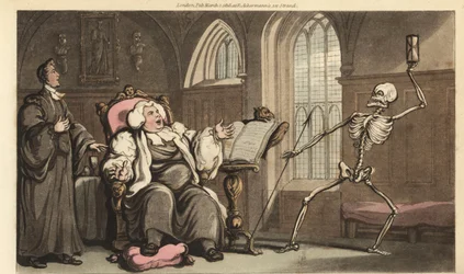 Dødens skelet kommer til biskoppen i klostret, da han læser i Bibelen på en talerstol og hviler sin podagrafod på en pude. Håndfarvet kobberplade tegnet og graveret af Thomas Rowlandson fra The English Dance of Death, Ackermann, London