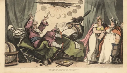 Dødens skelet kommer til spåkonen i hans værelse dekoreret med planetkloder, astrologibøger og krokodille. To dameklienter ser forskrækket til. Håndfarvet kobberplade tegnet og graveret af Thomas Rowlandson fra The English Dance of Dea