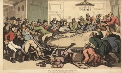 Dødens skelet slås med gentlemen-gamblere i Chance-rummet på en spilleklub i London. Håndfarvet kobberplade tegnet og graveret af Thomas Rowlandson fra The English Dance of Death, Ackermann, London