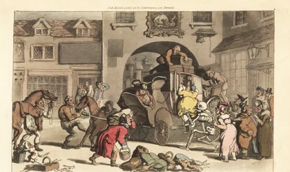 Dødens skelet hjælper en stor matrone ind på den fatale sidste fase. Håndfarvet kobberplade tegnet og graveret af Thomas Rowlandson fra The English Dance of Death, Ackermann, London