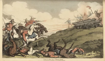 Dødens skelet affyrer en spærreild af kanonild mod et engelsk kavaleriangreb. Håndfarvet kobberplade tegnet og graveret af Thomas Rowlandson fra The English Dance of Death, Ackermann, London