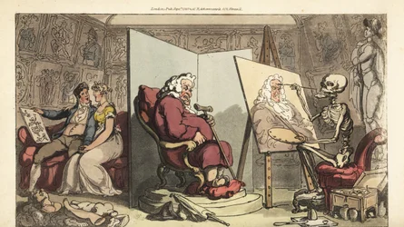 Dødens skelet maler et portræt af en rådmand, mens hans unge tjenestepige flirter med en galant kunstner bag skærmen. Håndfarvet kobberplade tegnet og graveret af Thomas Rowlandson fra The English Dance of Death, Ackermann, London