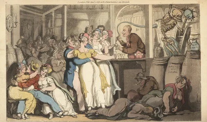 Dødens skelet, der hælder vitriol og aqua fortis i tønderne i en Dram-butik (ginbar). Flere skønheder, der sludrer den, drikker i baren, mens dens ofre falder døde om i nærheden af tønderne. Håndfarvet kobberplade tegnet og graveret af Thomas Rowlandson f