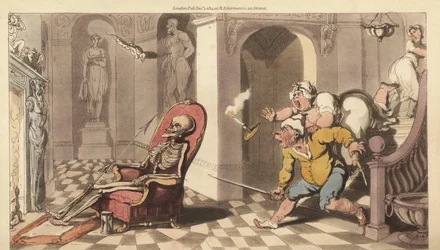 Dødens skelet sidder i portnerstolen i et stort hus, mens de rædselsslagne tjenere kommer ned af trapperne for at undersøge sagen. Håndfarvet kobberplade tegnet og graveret af Thomas Rowlandson fra The English Dance of Death, Ackermann, London
