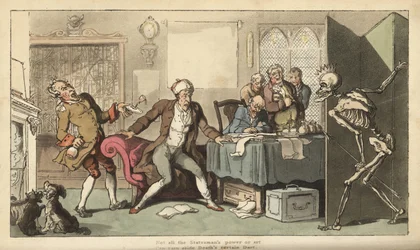Statsmanden på sit kontor er overrasket over Dødens skeletfigur med sin krone og pil, der dukker op bag en skærm. Håndfarvet kobberplade tegnet og graveret af Thomas Rowlandson fra The English Dance of Death, Ackermann, London