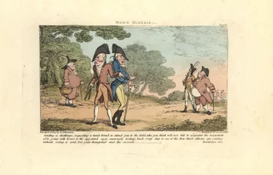 To Regency-herrer, der skal udkæmpe en duel med pistoler.