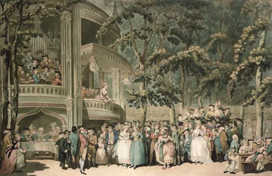 Vauxhall, indgraveret af Robert Pollard (1755-1838) og aquatineret af Francis Jukes (1747-1812), pub. af John Raphael Smith, 1785 (farvet akvatint)