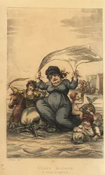 Enken Ducker og hendes nymfer. Kvinde og børn bader i havet med delfiner og bademaskiner. Håndfarvet kobberstik af Thomas Rowlandson efter en skitse af J. Green fra Poetical Sketches of Scarborough, Ackermann, London