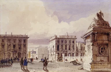 Hotel de Bellevue og Cafe d"Amitie set fra parken, Bruxelles, 1830