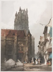 Malerisk arkitektur i Paris, Gent, Antwerpen, Rouen: St. Laurent, Rouen, Frankrig, 1839.