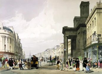 Regent Street ser mod kvadranten med Hannover-kapellet i forgrunden og shoppere, der promenerer, 1842