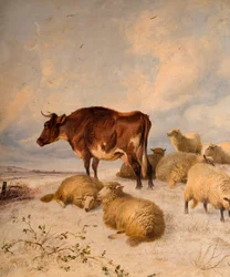 Køer og får i snedækket landskab, 1864