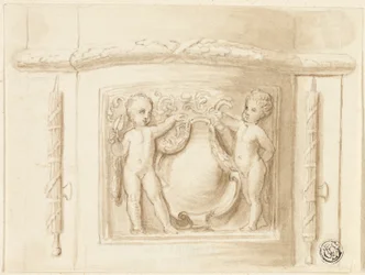 Base af pilaster med relief, med 2 putti, skjold