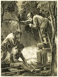 Robinson Crusoe og Fredag bygger et telt for at huse Fredags far og spanieren, fra Robinson Crusoes liv og mærkelige, overraskende eventyr, sømand fra York af Daniel Defoe