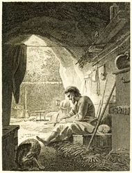 ?Robinson Crusoe på arbejde i sin hule? fra ?The Life and Strange Surprising Adventures of Robinson Crusoe, or York, Mariner? af Daniel Defoe
