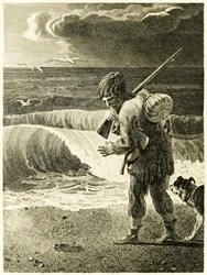 "Robinson Crusoe opdager aftrykket af en mands fod" fra "Robinson Crusoes liv og mærkelige og overraskende eventyr, eller York, Mariner" af Daniel Defoe