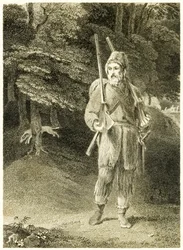 "Robinson Crusoe på jagt" fra "Robinson Crusoes liv og mærkelige og overraskende eventyr, eller York, Mariner" af Daniel Defoe