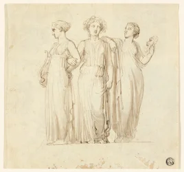 Tre muser (rekto); Studie af ridder og munk til en illustration i en gotisk roman (verso)