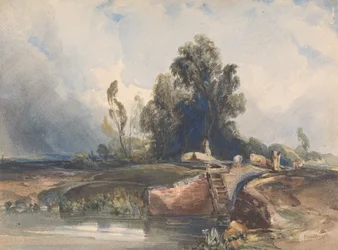 Landskab med Kanal og Sluse; Figurer ved Lock